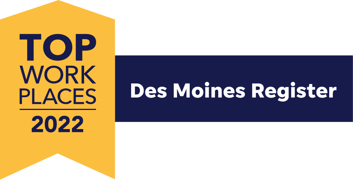 Des Moines Register Top Workplaces award 2022 logo with blue and yellow design