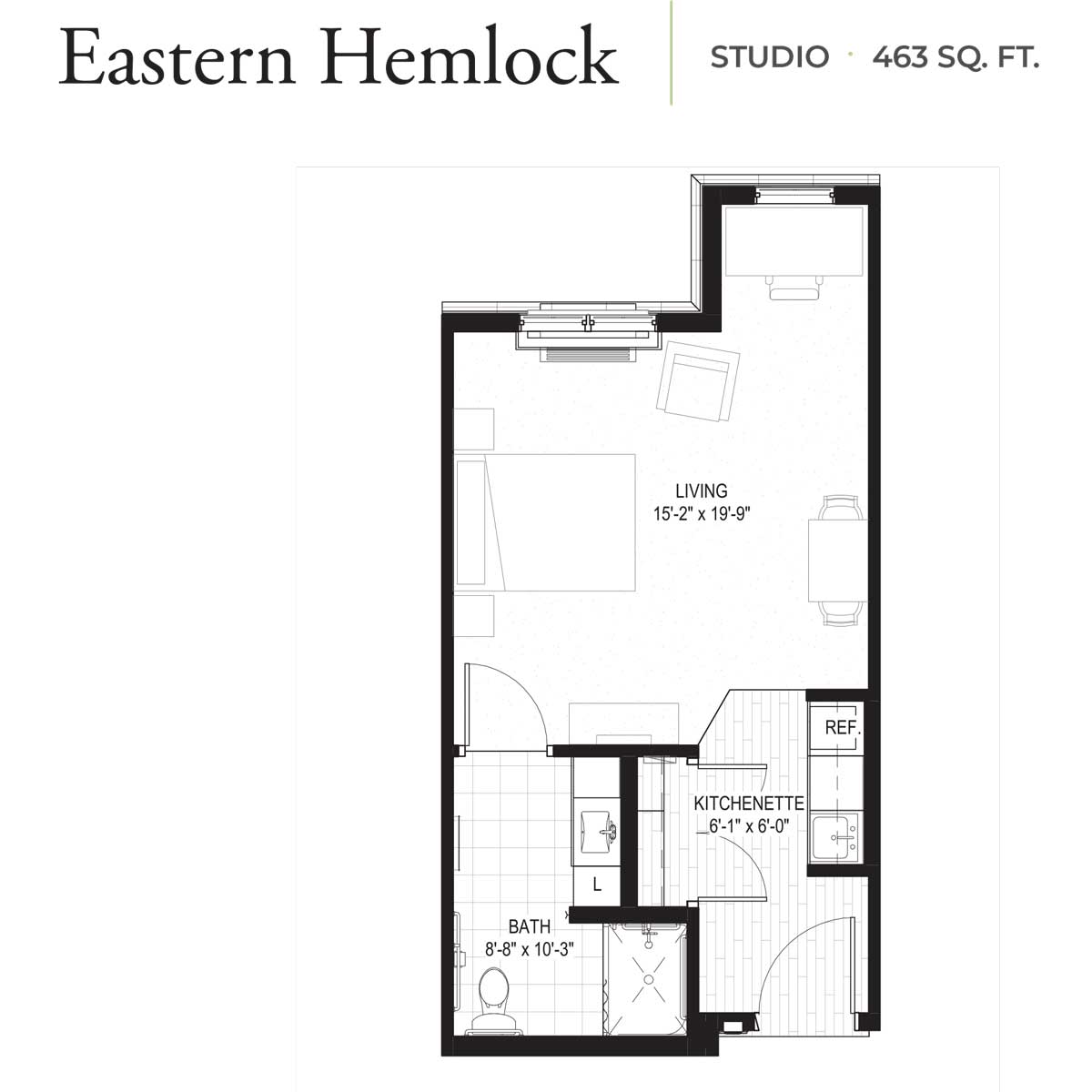 Floor plan of Eastern Hemlock studio apartment measuring 463 square feet, including living area, kitchenette, and bathroom.