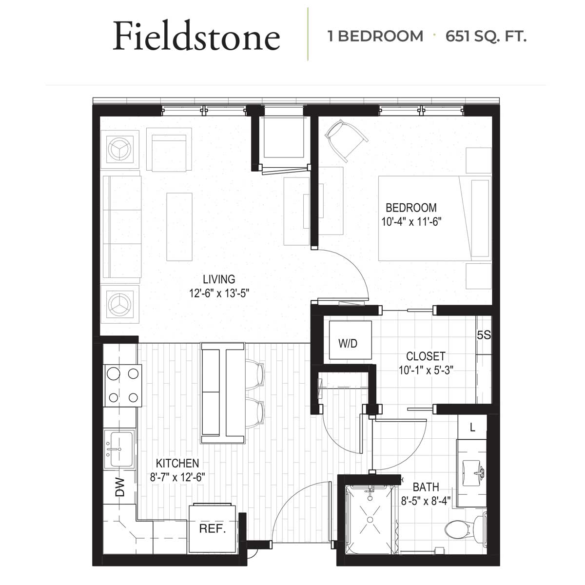 Floor plan of the 1-bedroom Fieldstone apartment with a total area of 651 square feet