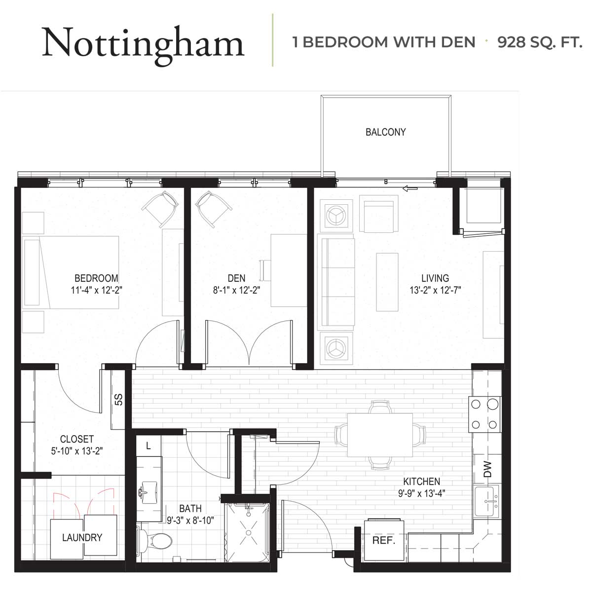 Floor plan for a one-bedroom apartment with den, named Nottingham, totaling 928 square feet.