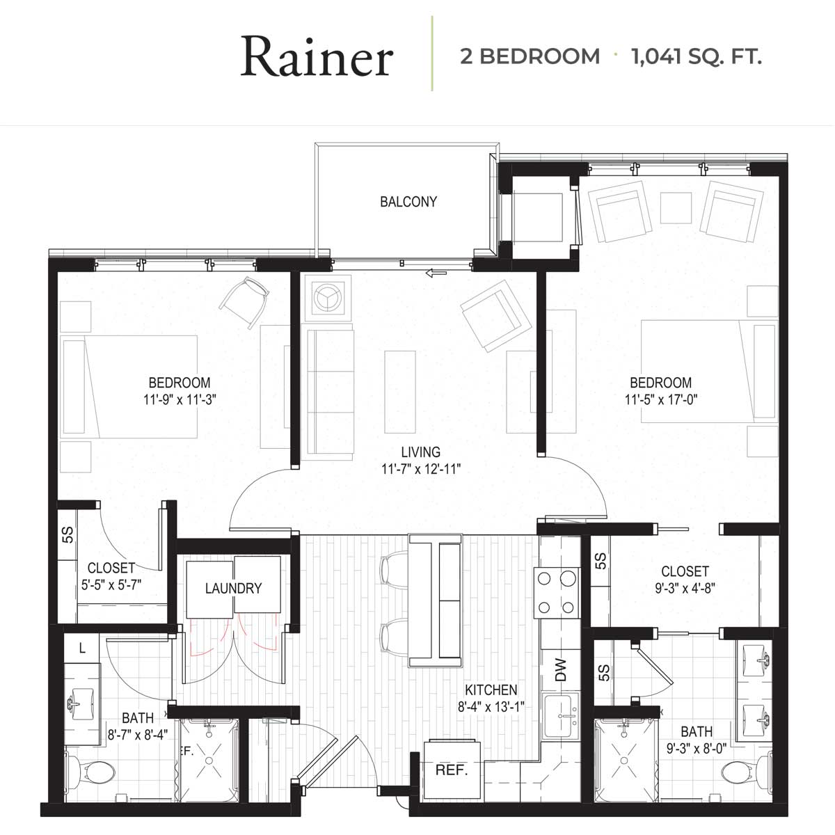 Floor plan of the Rainer model, a 2-bedroom apartment with 1,041 sq. ft., including balcony.