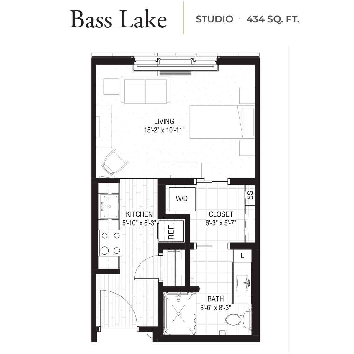 Studio apartment floor plan showing living area, kitchen, bathroom, closet, washer and dryer