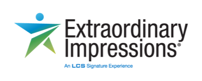 Extraordinary Impressions logo with abstract human figure and gradient colors in green and blue