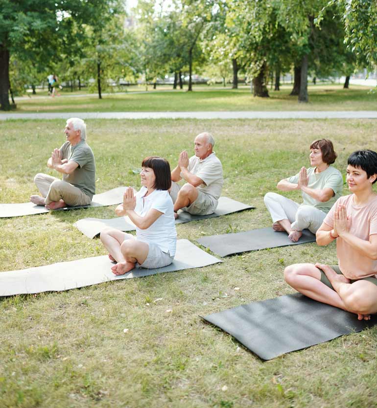 A group of seniors practicing yoga on mats in a green park during a sunny day.